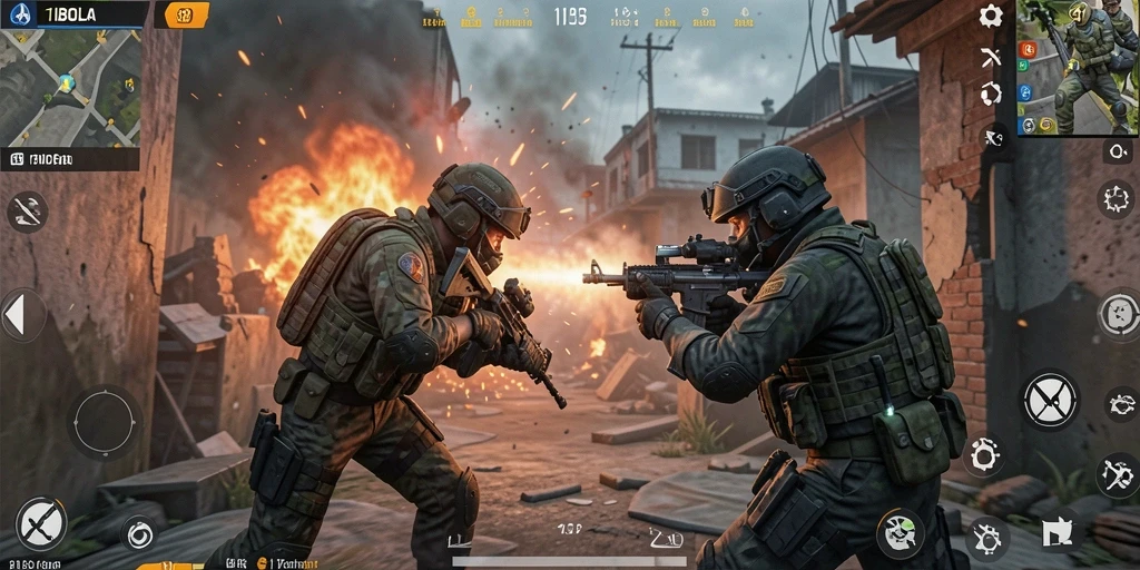 Screenshot permainan 11BOLA menunjukkan aksi tembak-menembak yang intens dalam gameplay FPS.