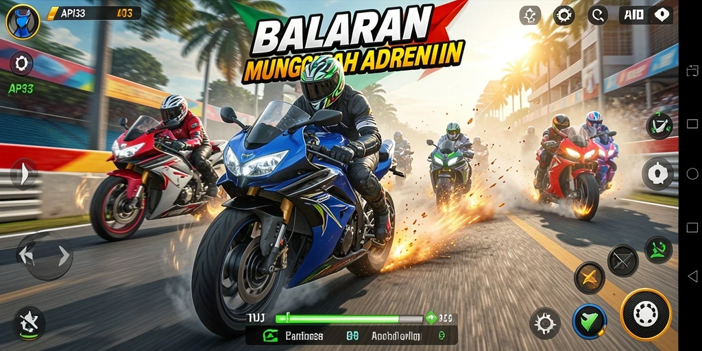 Screenshot dari gameplay API33 yang menampilkan aksi balapan motor yang intens.