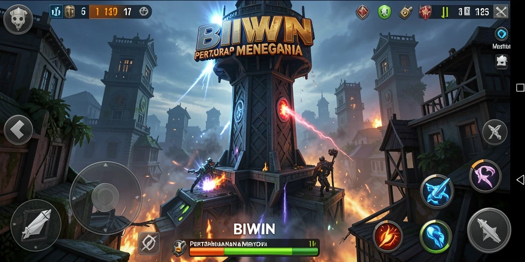 Screenshot gameplay menampilkan menara dan musuh di <strong>BIWIN</strong>.