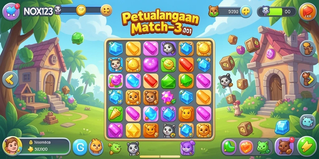 Tampilan gameplay seru di NOX123 dengan tantangan Match-3.
